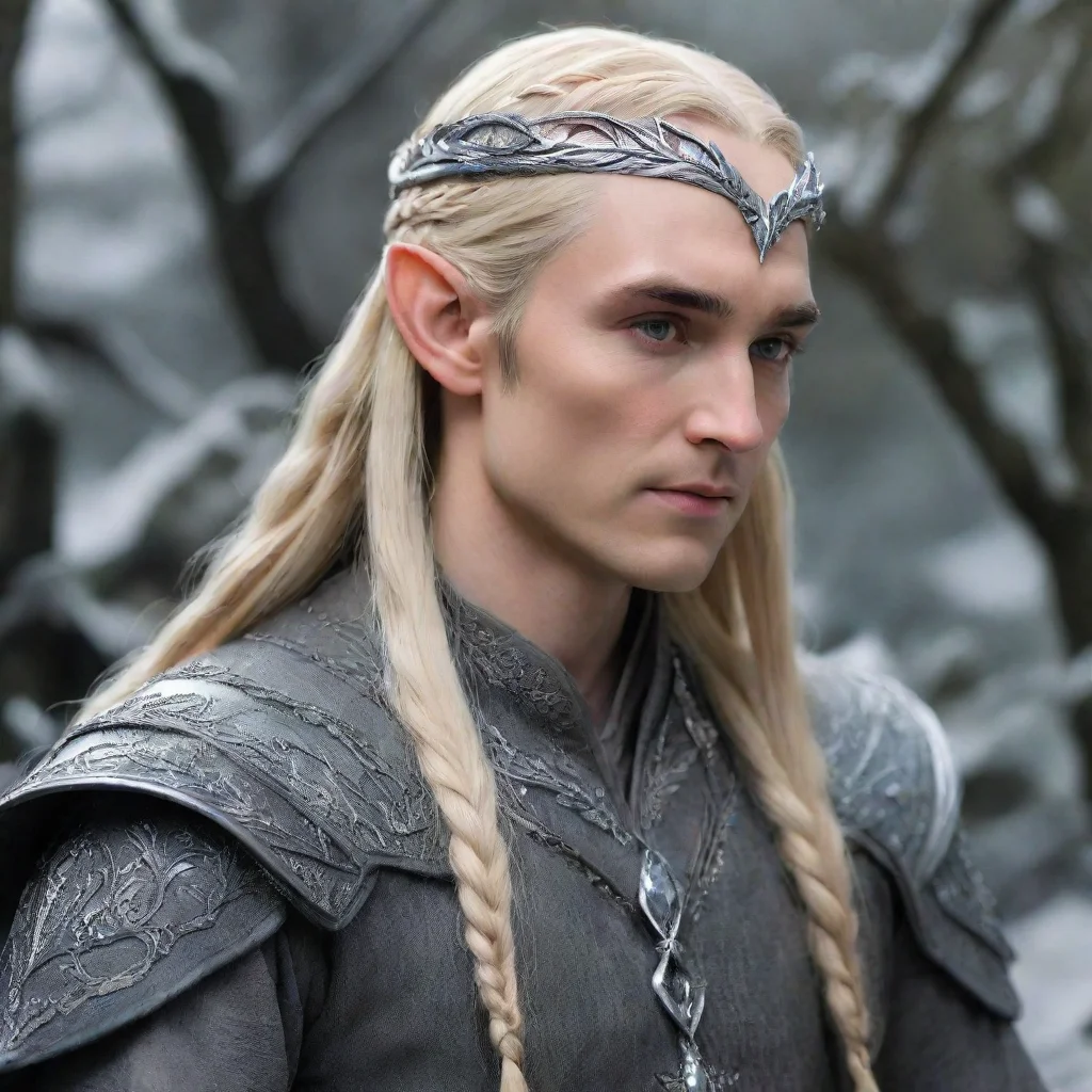   king thranduil with blond hair with braids wearing silver leaf elvish circlet with diamonds good looking trending fanta