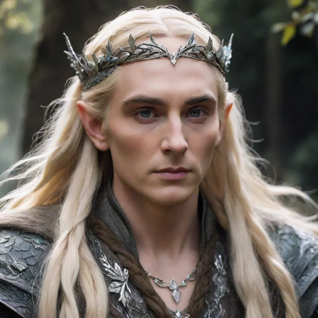 ai  king thranduil with blond hair with braids wearing silver oak leaf elvish circlet encrusted with diamonds 
