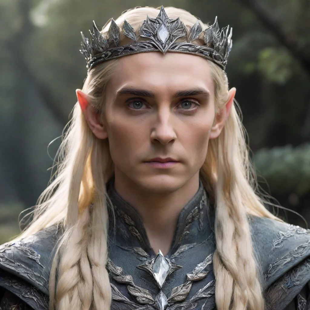 ai  king thranduil with blond hair with braids wearing silver oak leaf elvish circlet encrusted with diamonds with large ce