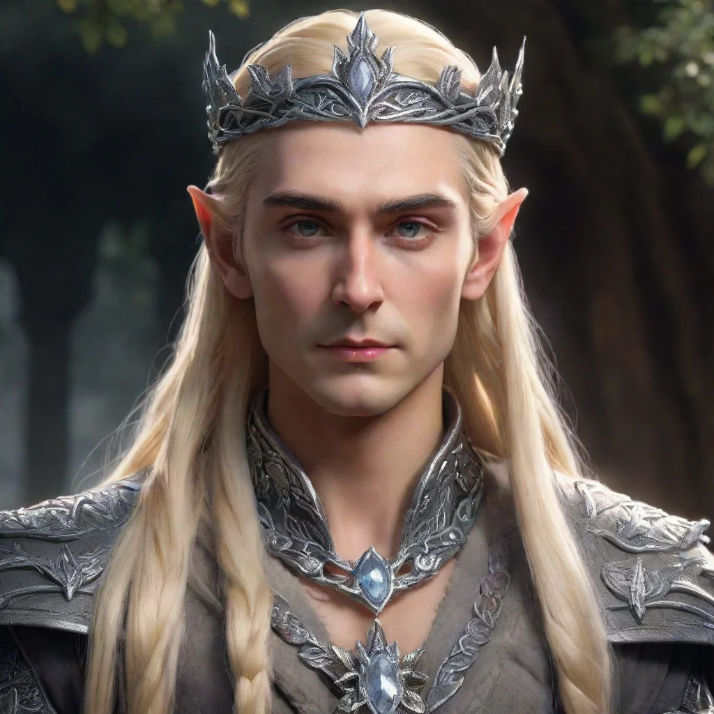 ai  king thranduil with blond hair with braids wearing silver oak leaf elvish circlet encrusted with diamondsconfident enga