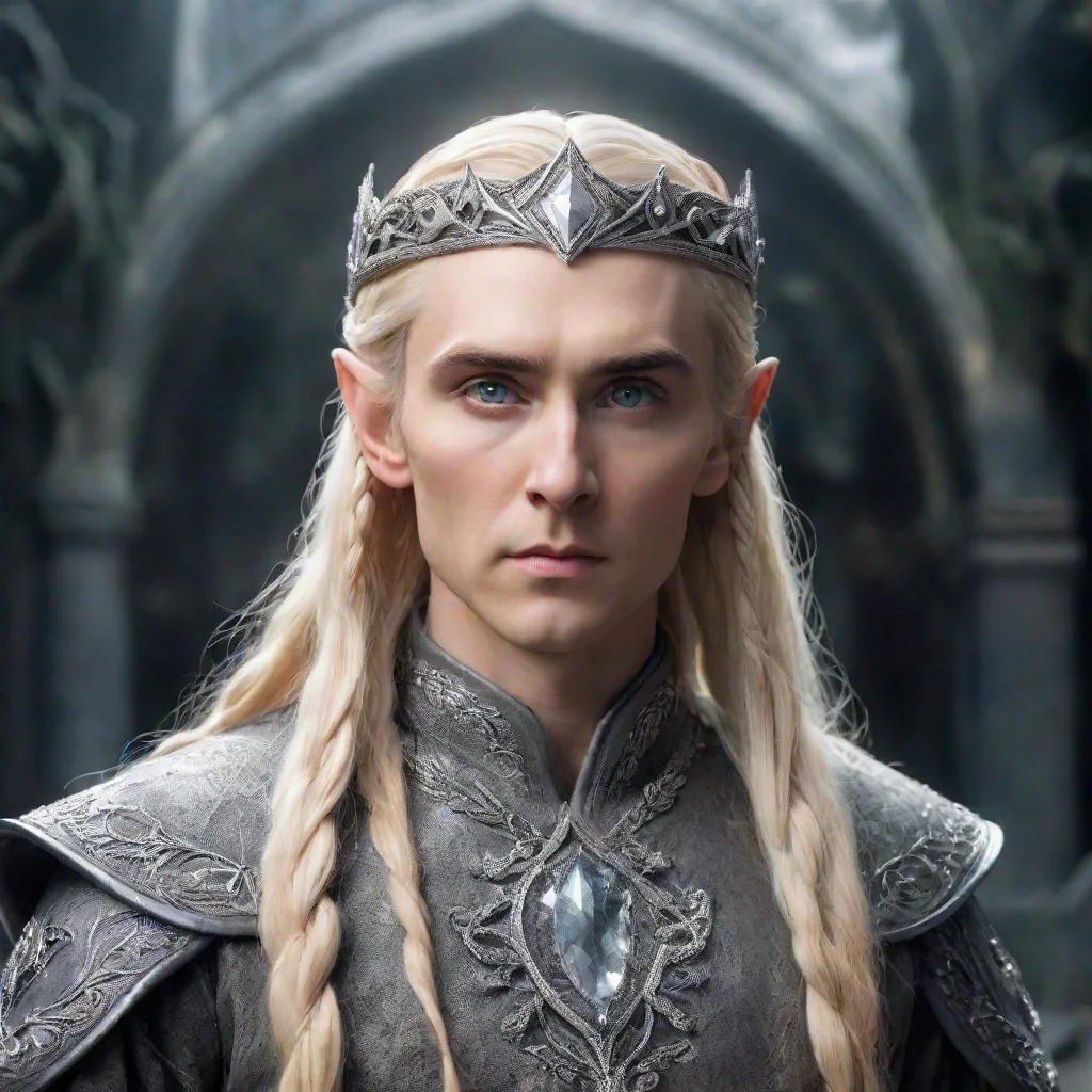 ai  king thranduil with blonde hair and braids wearing silver elvish circlet encrusted with diamonds with large center circ