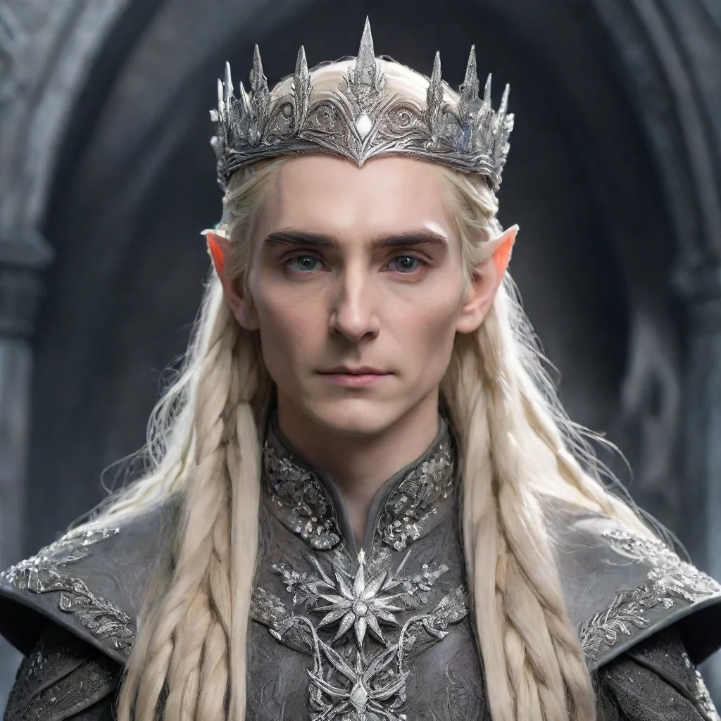   king thranduil with blonde hair and braids wearing silver flowers encrusted with diamonds forming a silver elvish crown