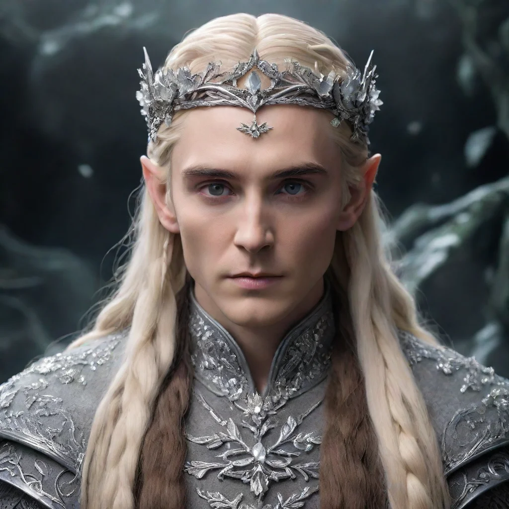 ai  king thranduil with blonde hair and braids wearing silver flowers encrusted with diamonds forming a silver serpentine e