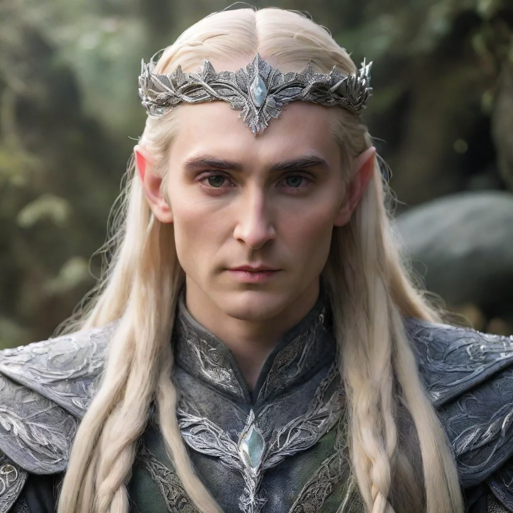  king thranduil with blonde hair and braids wearing silver laurel leaf encrusted with diamonds with diamond clusters for