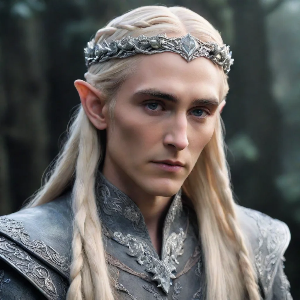 ai  king thranduil with blonde hair and braids wearing silver roses encrusted with diamonds forming a silver serpentine elv