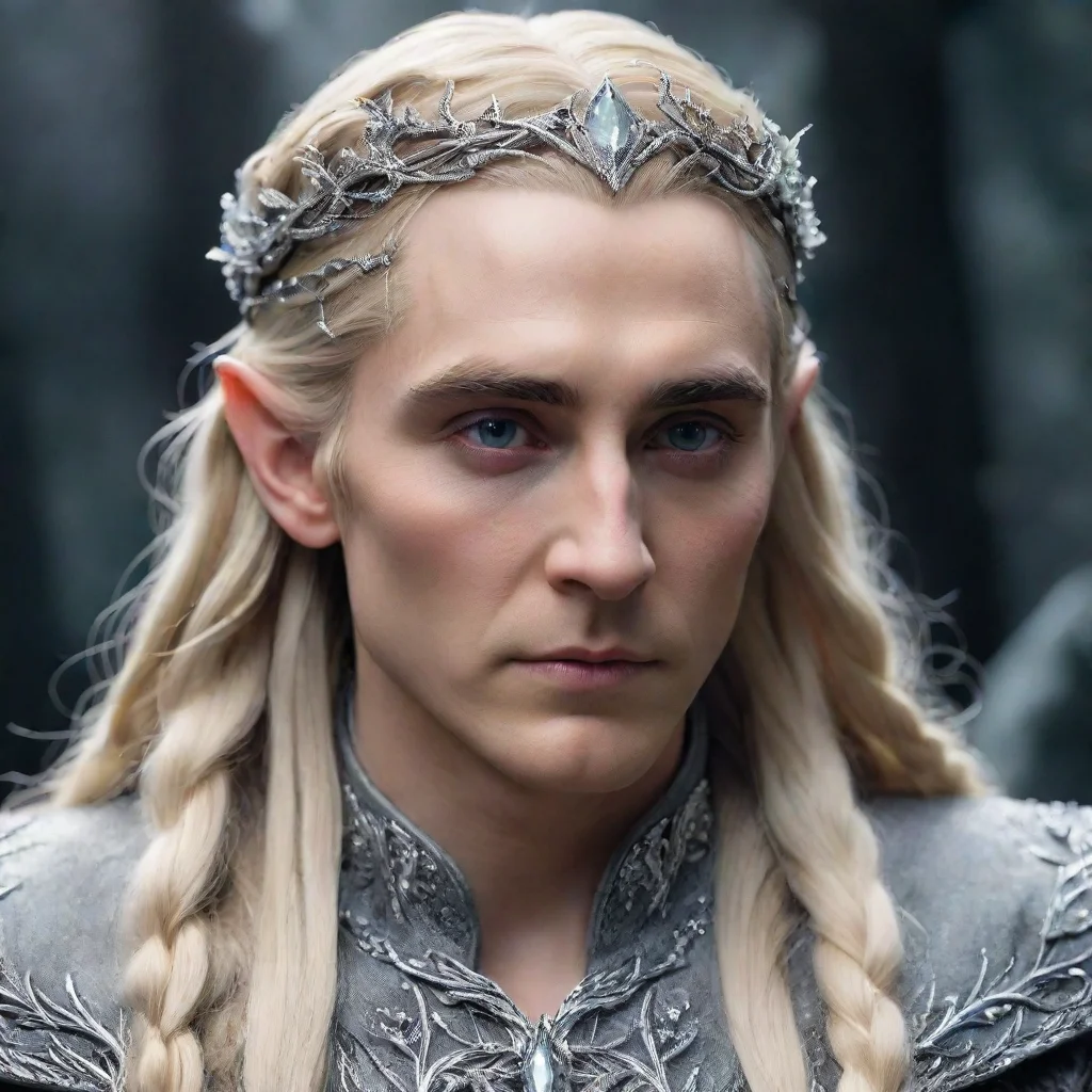  king thranduil with blonde hair and braids wearing silver vines encrusted with diamonds with clusters of diamonds formi