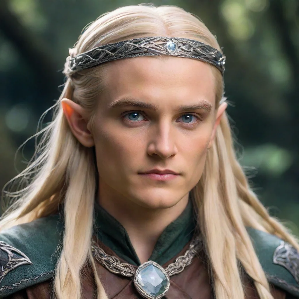 ai  legolas with blond hair and braids wearing silver serpentine elvish circlet with large center diamond amazing awesome p