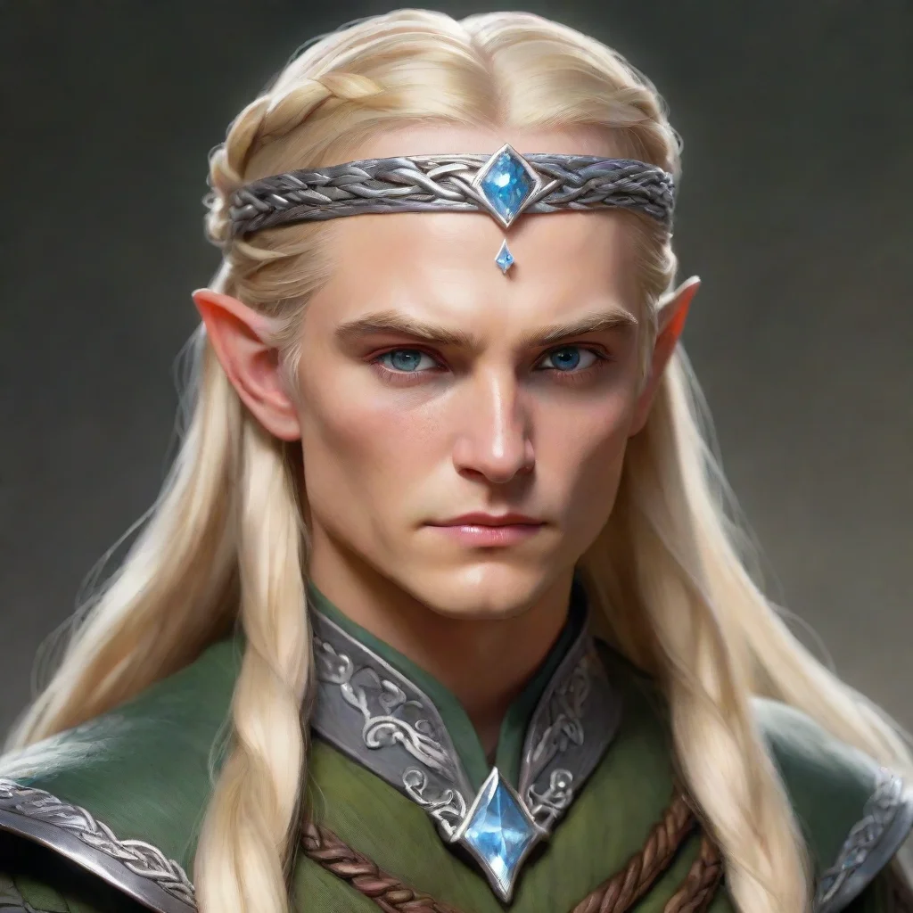   legolas with blond hair and braids wearing silver serpentine elvish circlet with large center diamond confident engagin