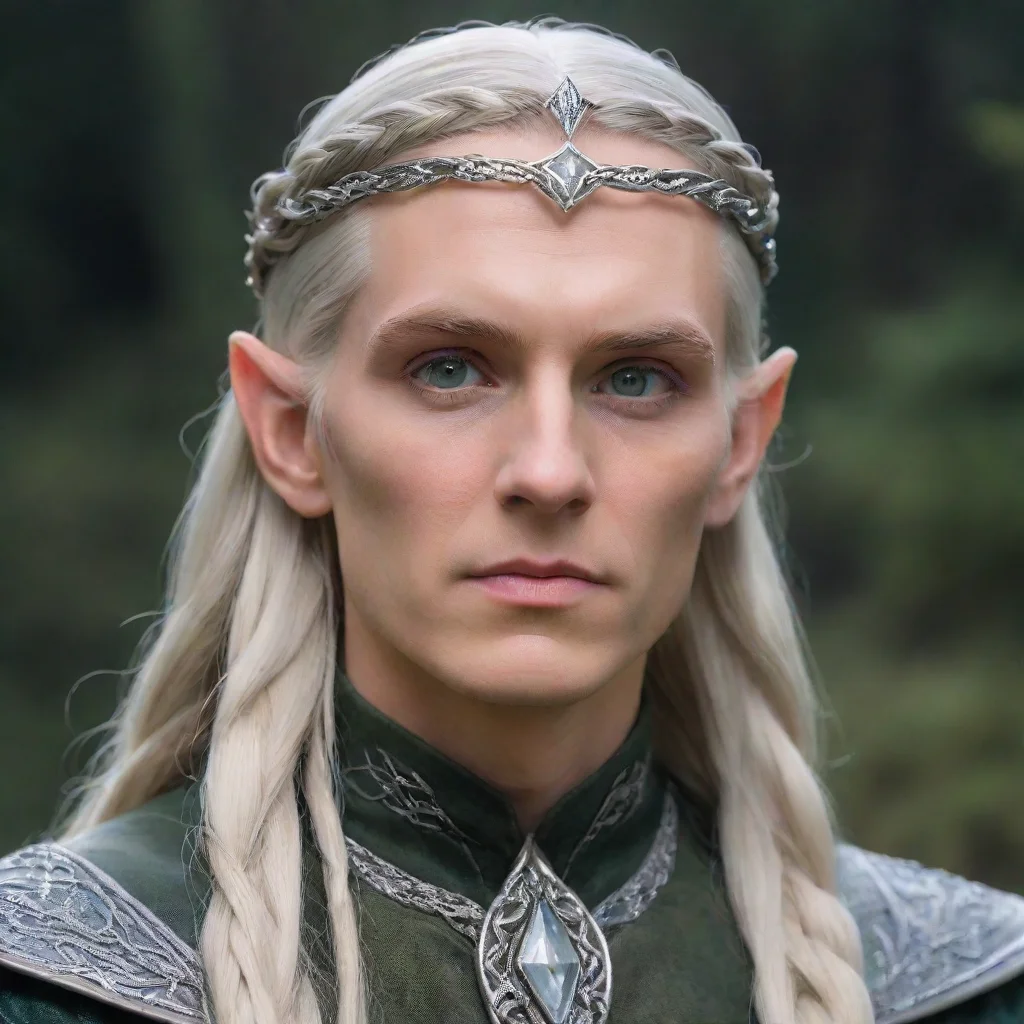  lord celeborn with silver hair and braids wearing small silver serpentine elvish circlet with large center diamond 