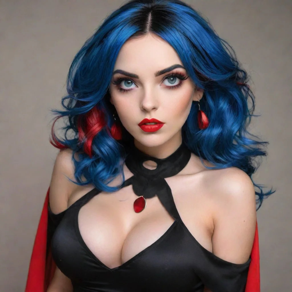   masterpiece best qualityexpressive eyesperfect faceblack capechoker blue hair with red tips huge perky size 44 triple d