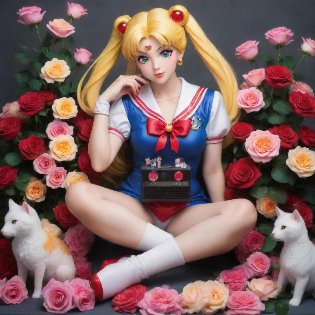   mature realistic portrayal1 2sailor moon sitting on a bluetooth speakersurrounded by large bouquets of roses amazing aw