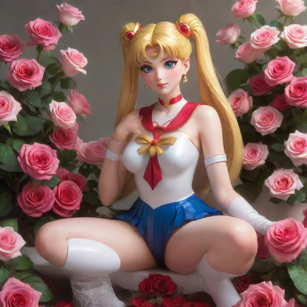 ai  mature realistic portrayal1 2sailor moon sitting on a bluetooth speakersurrounded by large bouquets of roses confident 