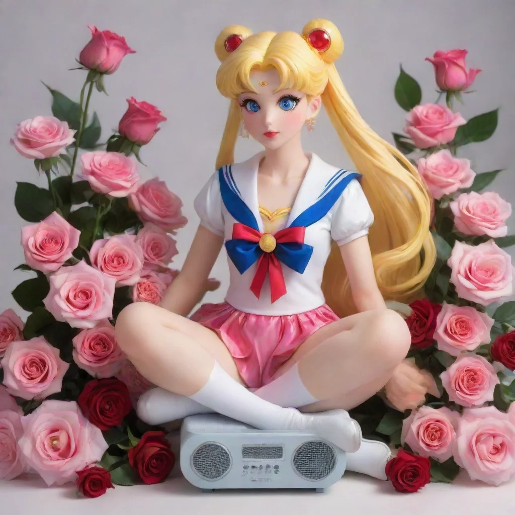   mature realistic portrayal1 2sailor moon sitting on a bluetooth speakersurrounded by large bouquets of roses good looki