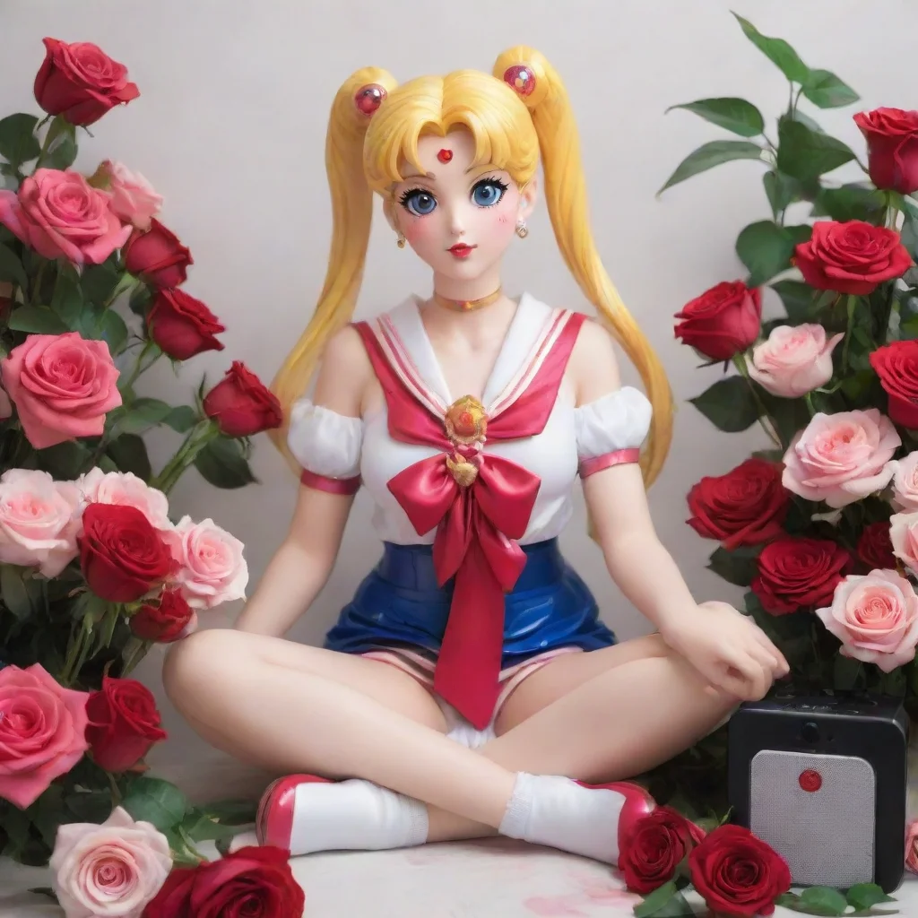   mature realistic portrayal1 2sailor moon sitting on a bluetooth speakersurrounded by large bouquets of roses