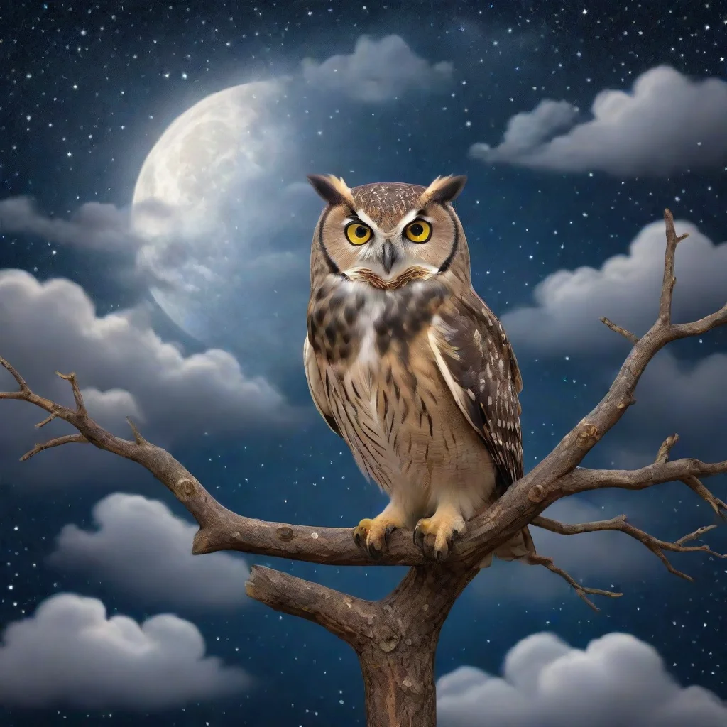   owl in a starry night tree full moon and clouds
