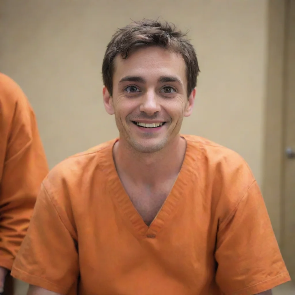   photo in court of an insane asylum criminal with facial scars smiling hyperrealistic wide eyesorange outfit wide