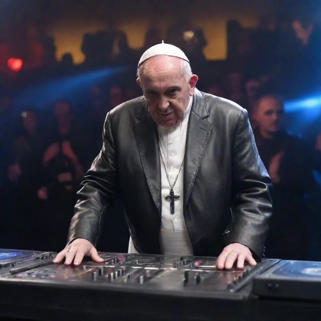   pope franciswearing leather jacket is a dj in a nightclubmixing live on stagegiant mixing table4k resolutiona masterpie