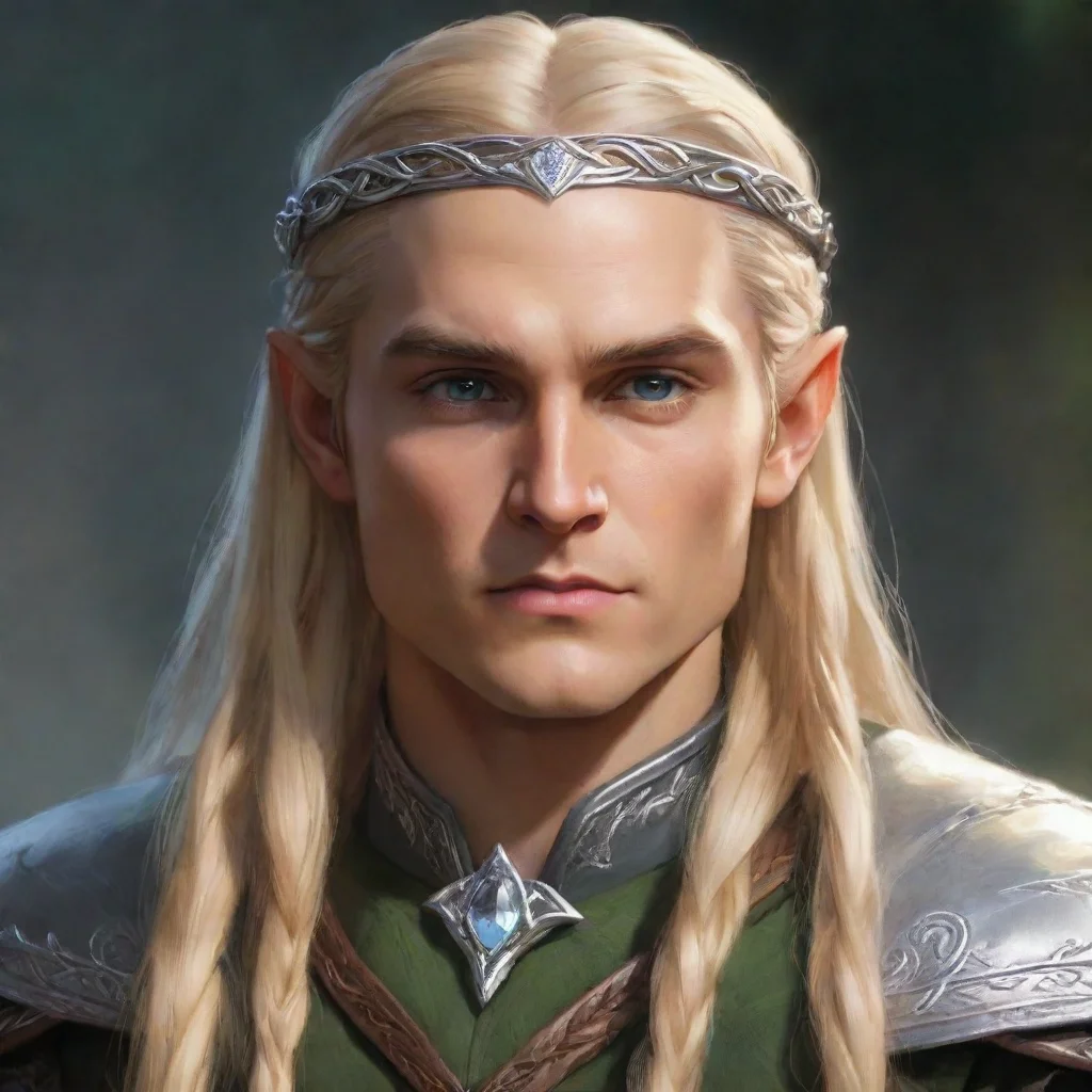   prince legolas with blond hair and braids wearing silver serpentine elvish circlet with large center diamond confident 