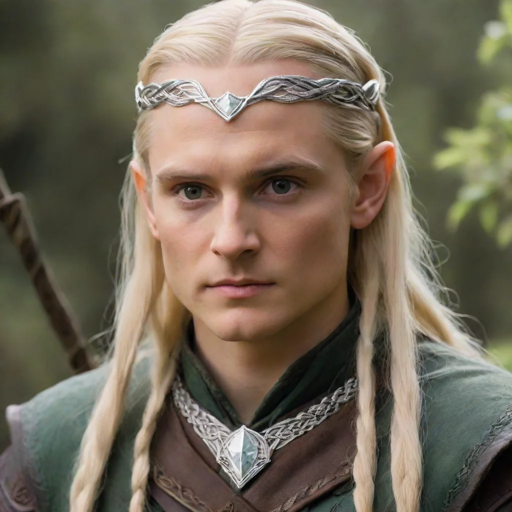   prince legolas with blond hair and braids wearing silver serpentine elvish circlet with large center diamond