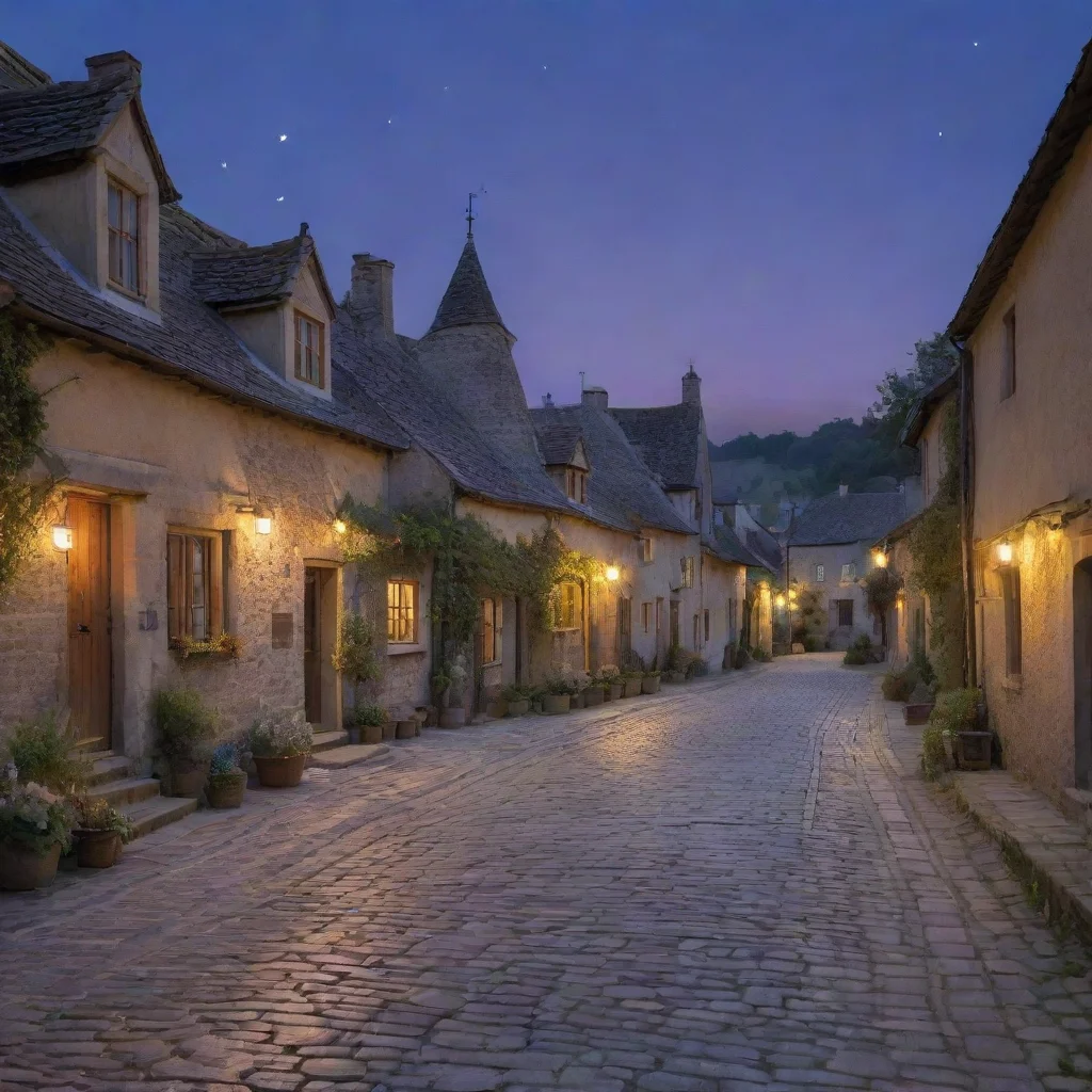   rustic village at twilight houses gently bathed in delicate celestial radiance set along cobbled