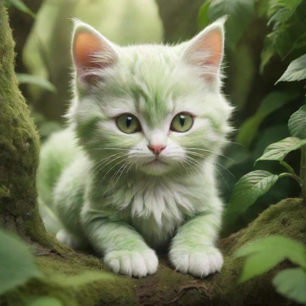   serene green kitten in repose nestled amidst a miyazaki style intricate environment soft fuzzy te