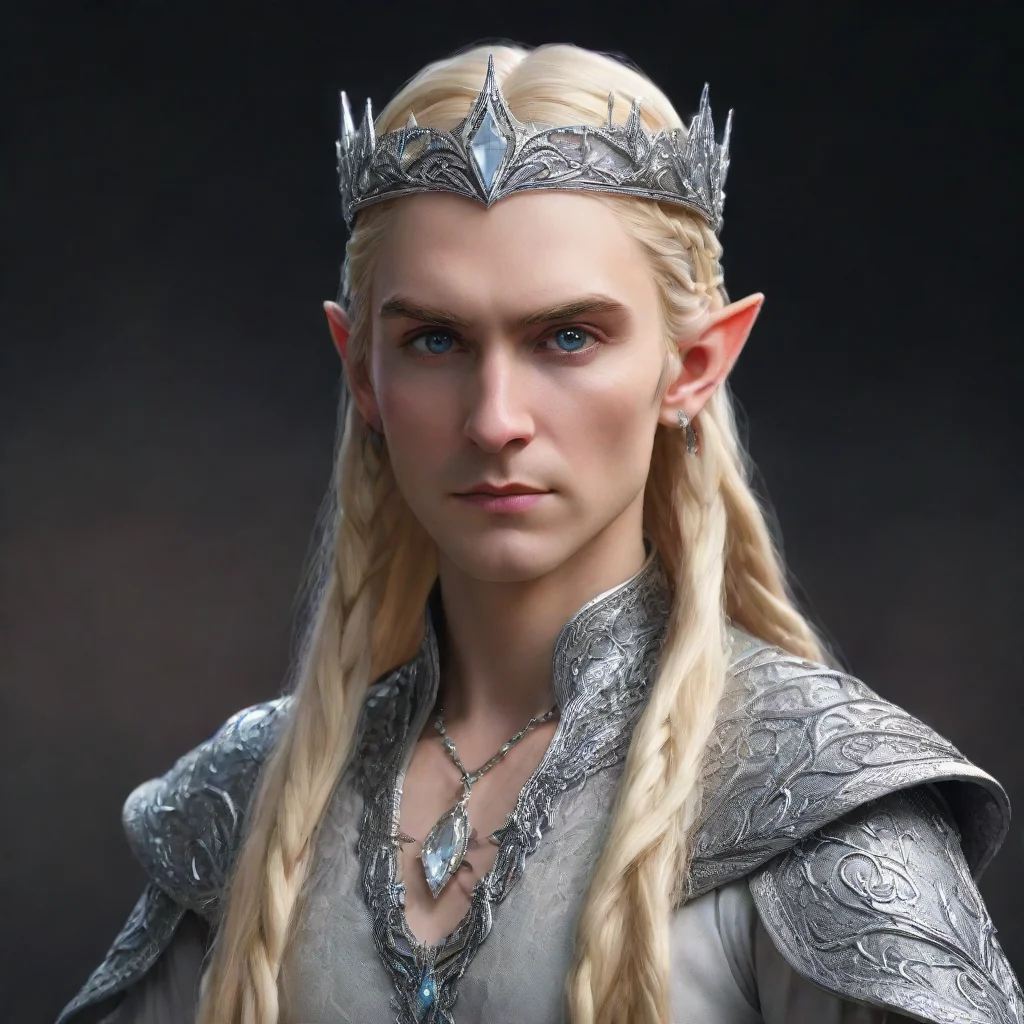   thranduil with blond hair and braids wearing silver serpentine elvish circlet encrusted with diamonds with large center