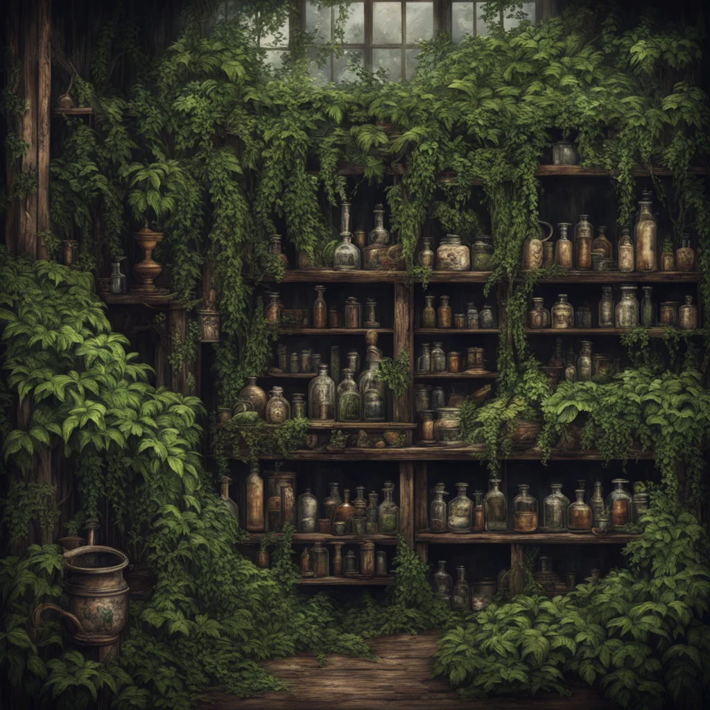 ai  vintage apothecary overgrown extremely detailed intricate dark moody confident engaging wow artstation art 3
