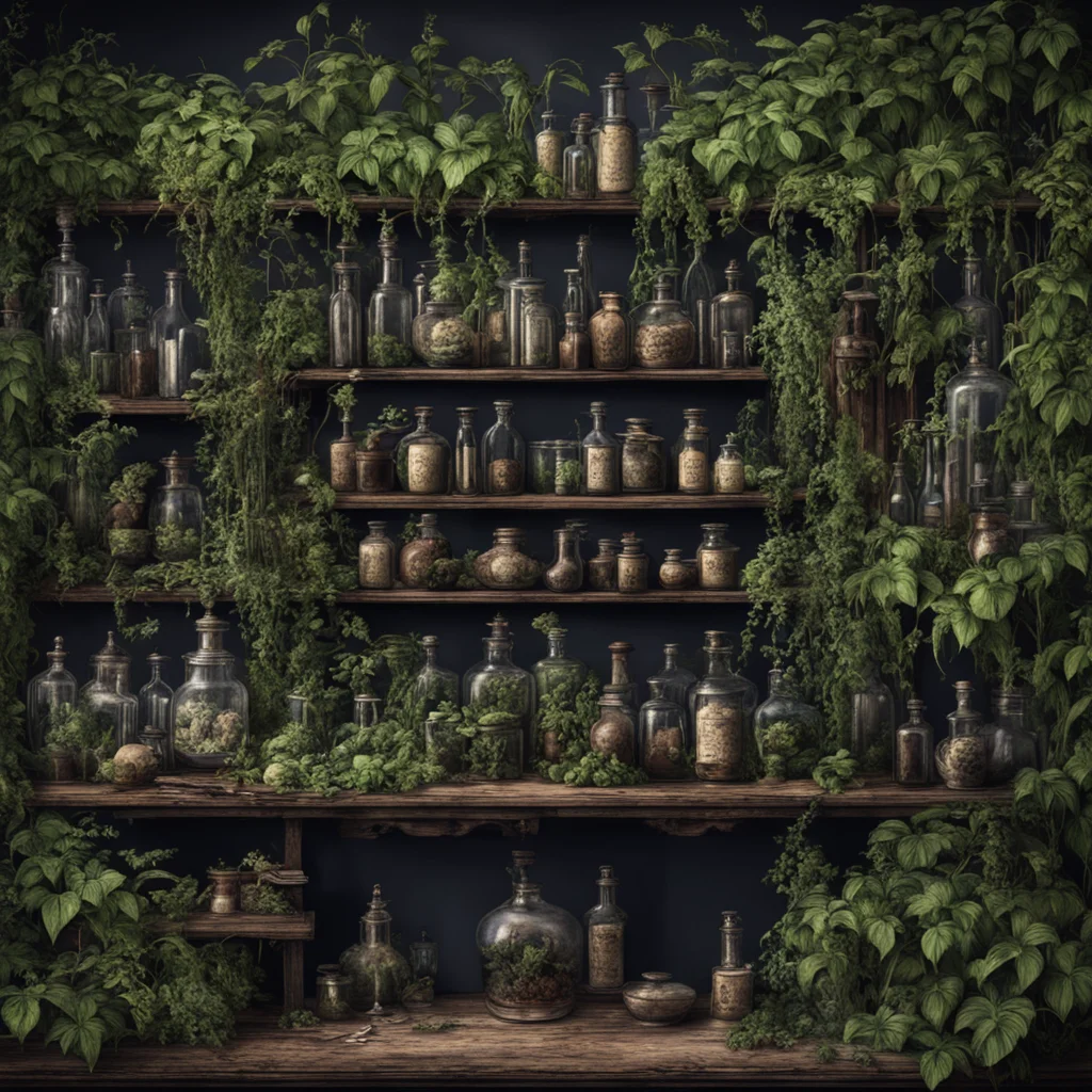   vintage apothecary overgrown extremely detailed intricate dark moody
