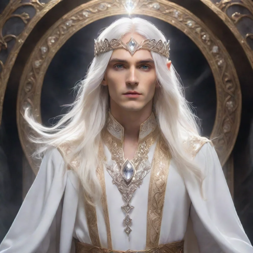   wearing silver elvish circlet encrusted with diamonds and large center diamond very attractive young male sorcerer with