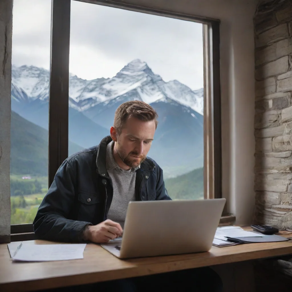   working man on laptop with mountains outside the window amazing awesome portrait 2 wide
