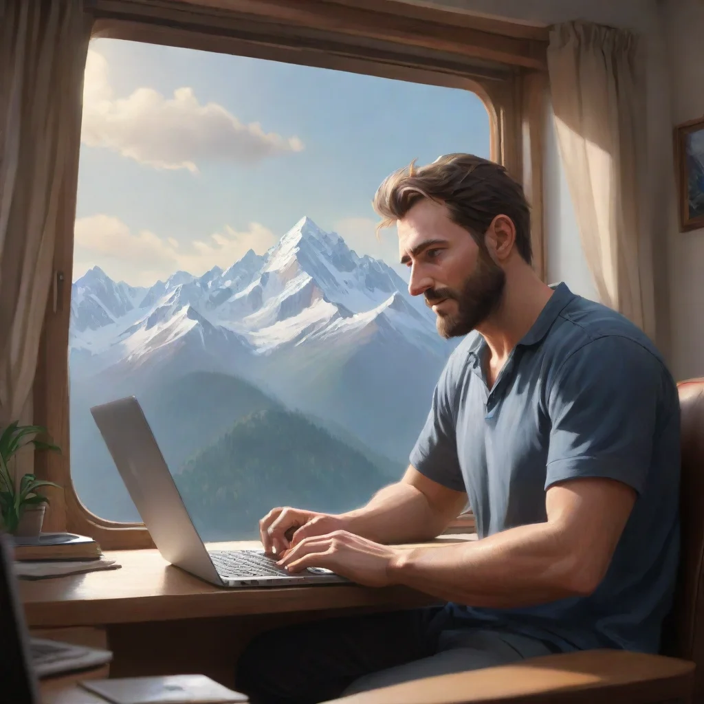   working man on laptop with mountains outside the window confident engaging wow artstation art 3 wide