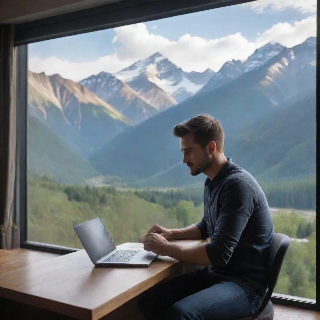ai  working man on laptop with mountains outside the window good looking trending fantastic 1 wide