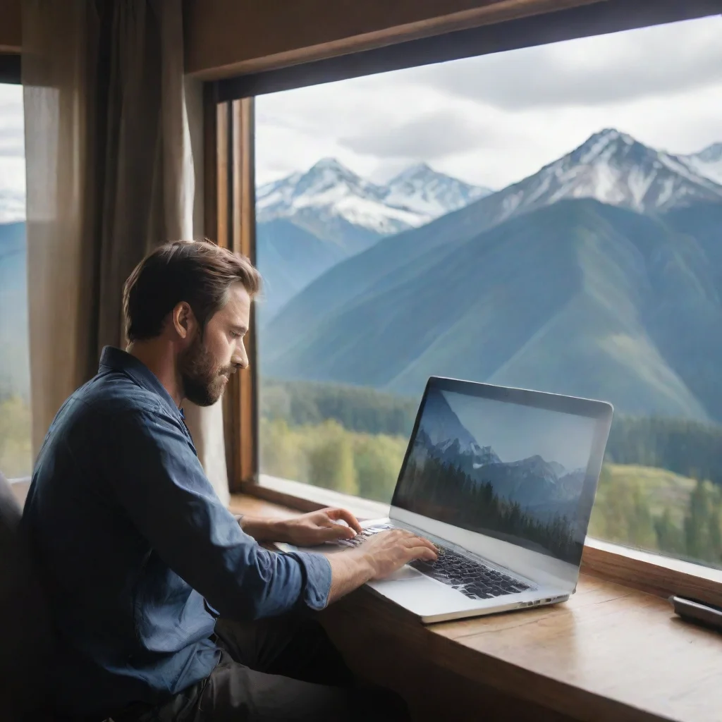   working man on laptop with mountains outside the window wide