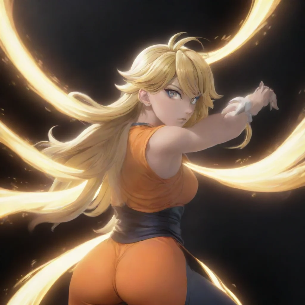   yang xiao long in the ultra instinct sign pose with her back facing the viewer 