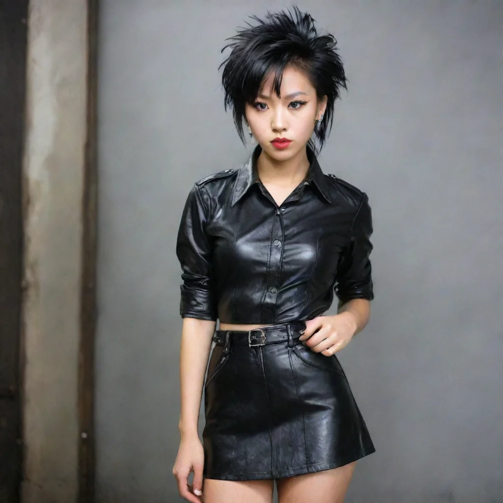  1 femmeasiatique punk annees 80chemise en cuir noir des annees 80jupe a pressionen cuir des annees 80 amazing awesome po