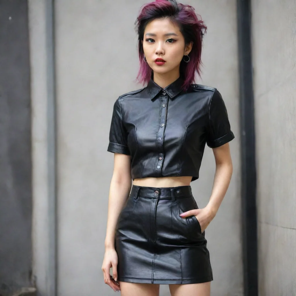  1 femmeasiatique punk annees 80chemise en cuir noir des annees 80jupe a pressionen cuir des annees 80 good looking trend