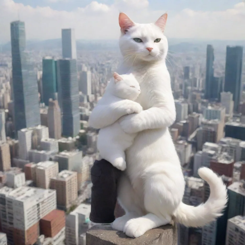 170 meter tall white cat anthro holding a human by a city