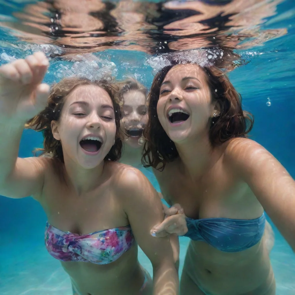  2 girls underwaterone girl has her hands on the other girl s belly and the other girl is laughingshe has bubbles coming 