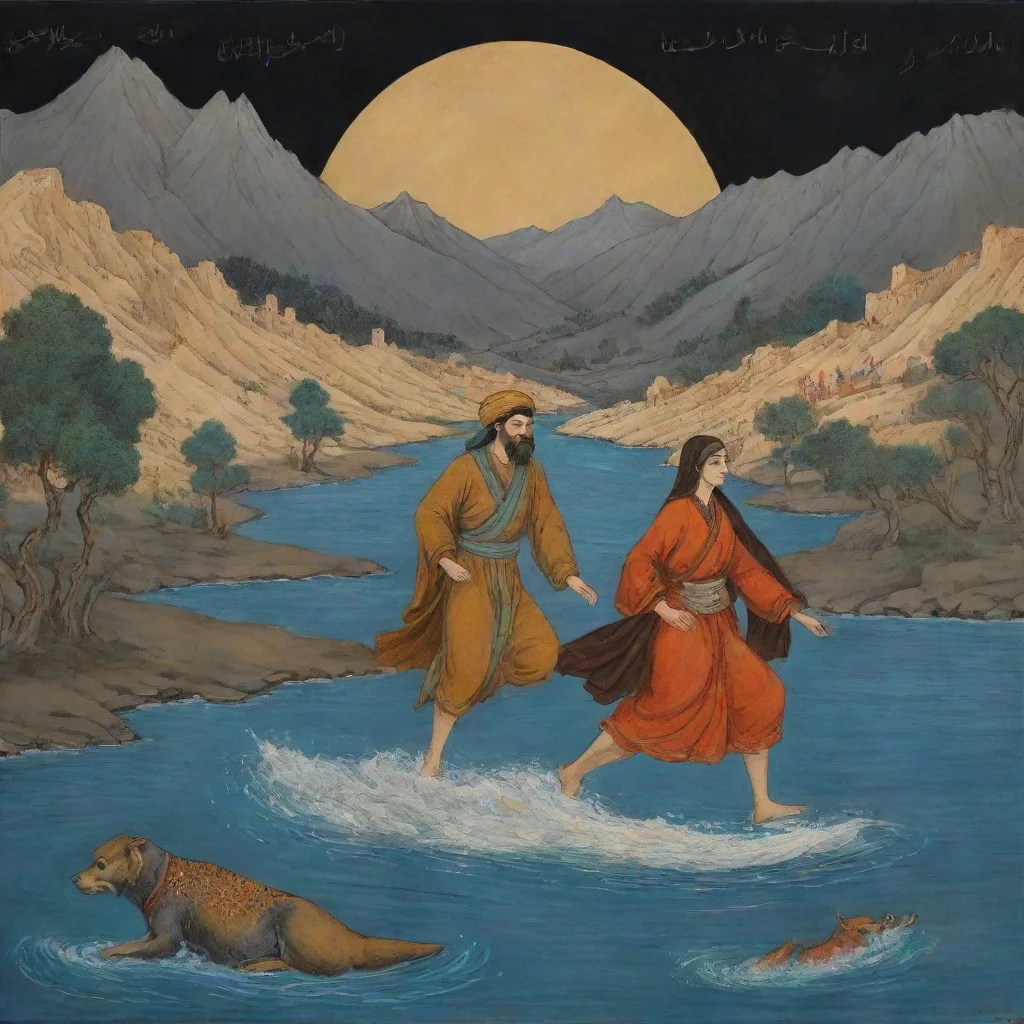 ai 2 young man with one woman crossing from riverwith shahnameh design art dark