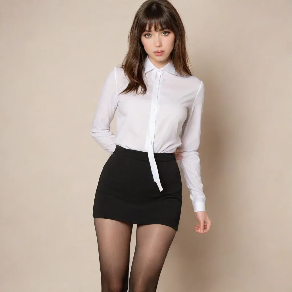  20 year old brunette with bangs wearing a white long sleeve slim shirtblack mini skirtlight brown tights and black high 