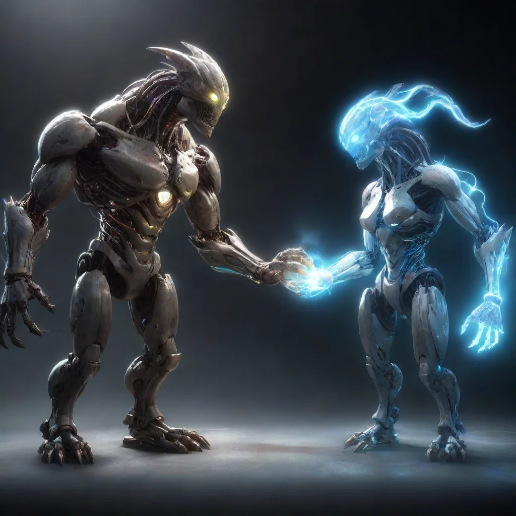 ai 3 light monsters one is a machine the other one is electric and one that is a hologram joining hands together confident 