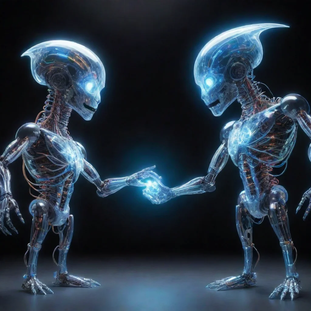 ai 3 light monsters one is a machine the other one is electric and one that is a hologram joining hands together good looki