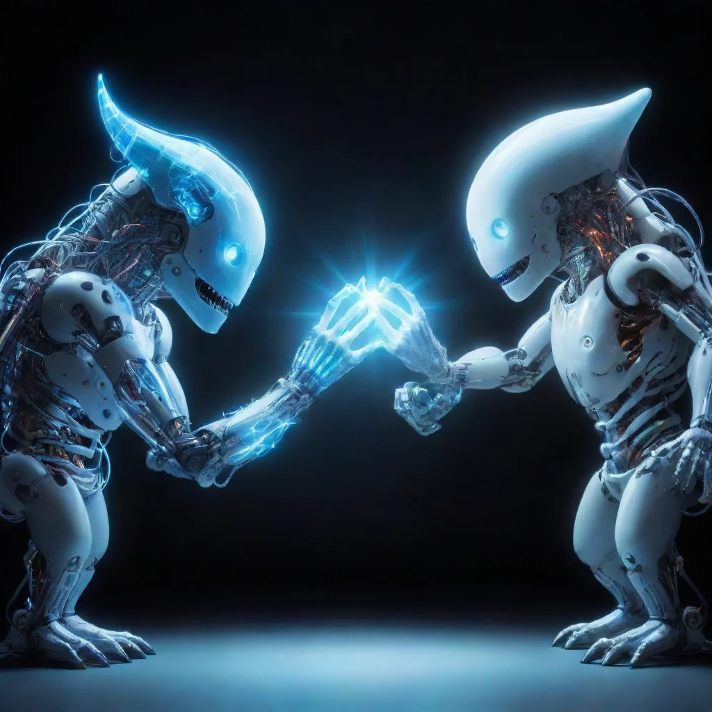  3 light monsters one is a machine the other one is electric and one that is a hologram joining hands together