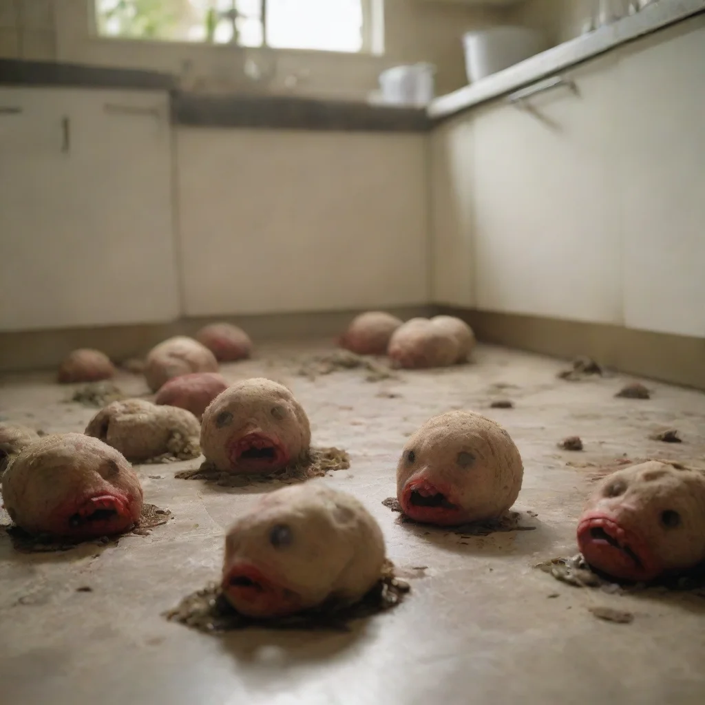  4k photo still life disgusting dirty kitchen stuffed plush human heads on floor moldy rotten festering