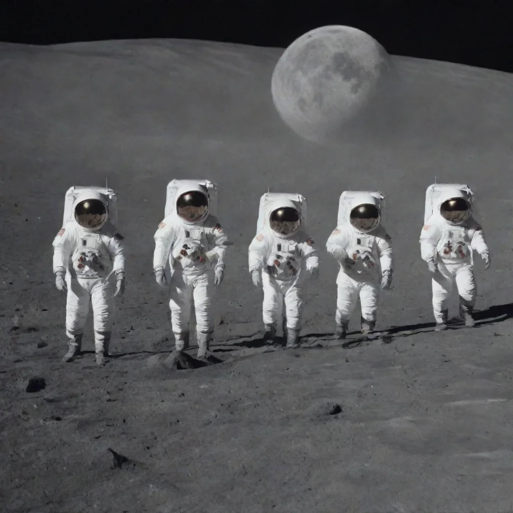  5 astronauts walking in line across the moon 