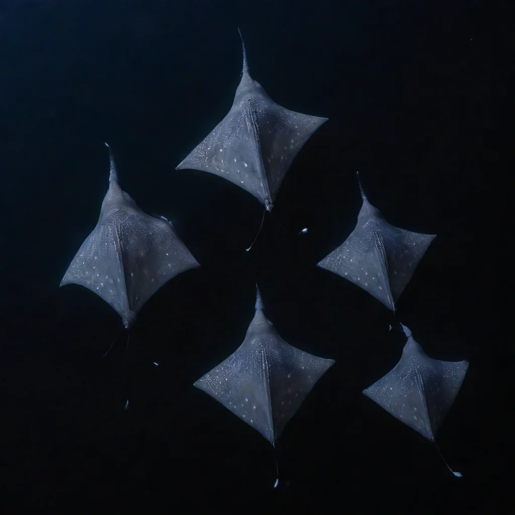  5 spotted eagle rays seen from above swimming awayon black background tall