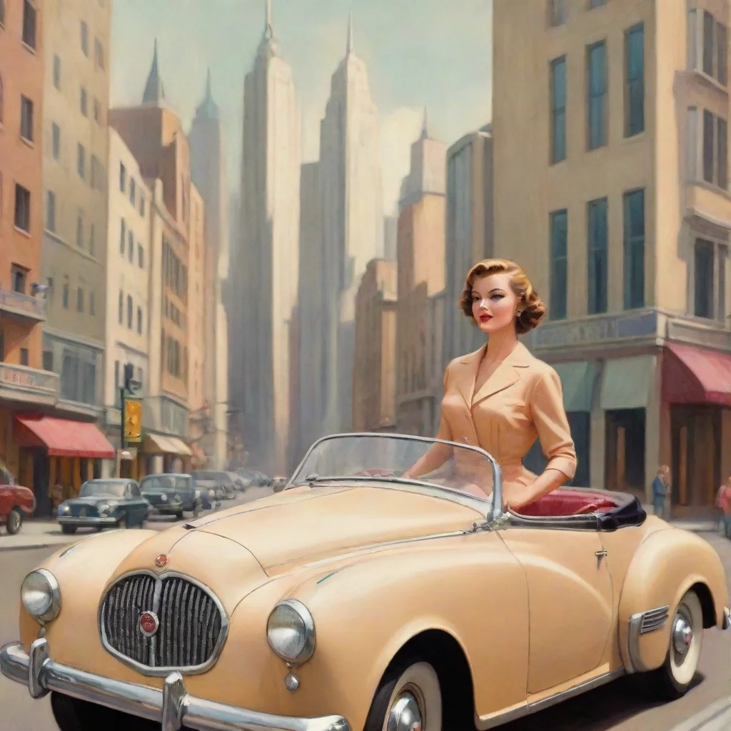 ai 50s car woman driver art deco buildings in city streets chase