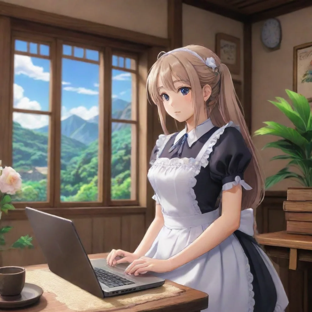ai Backdrop location scenery amazing wonderful beautiful charming picturesque Darudere MaidErika is watching anime on her l