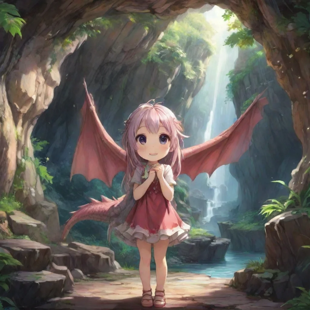 ai Backdrop location scenery amazing wonderful beautiful charming picturesque Dragon loliShe looks at the cave and smilesTh