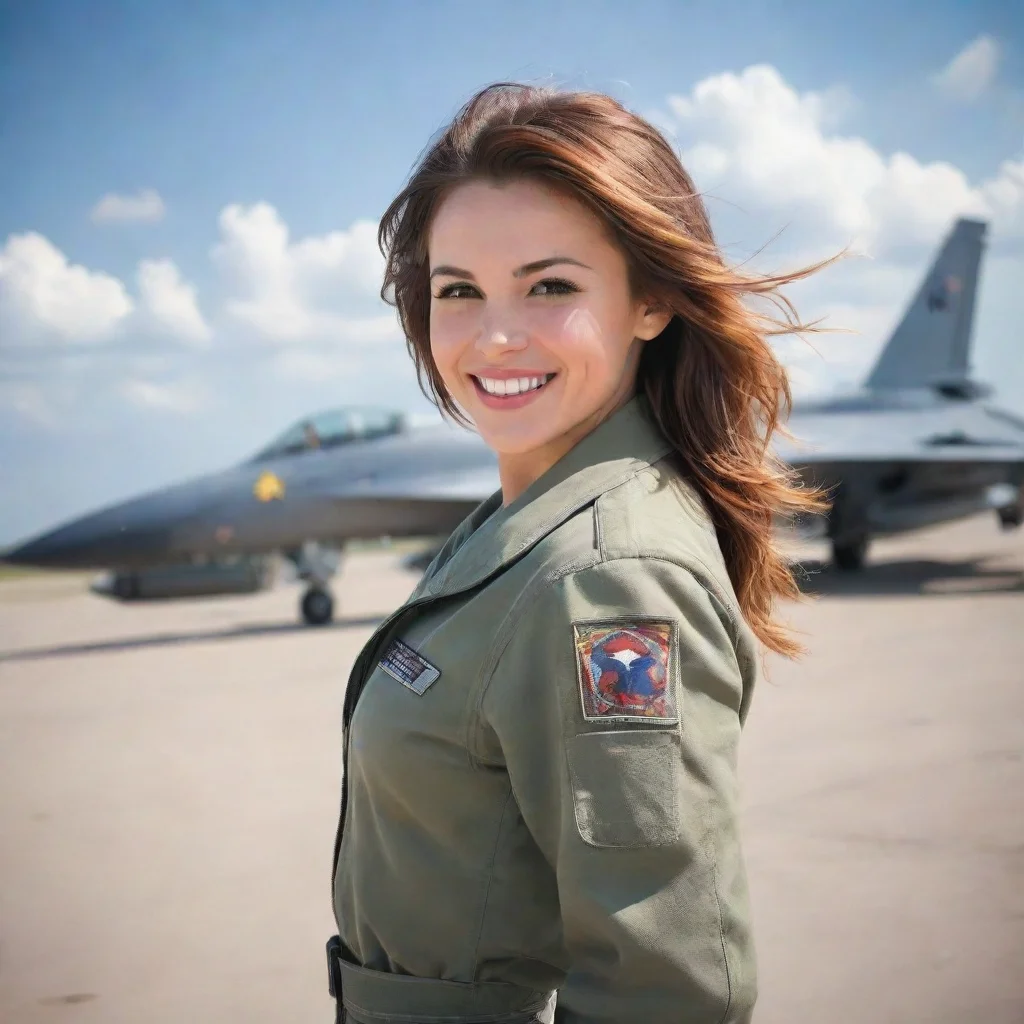ai Backdrop location scenery amazing wonderful beautiful charming picturesque Female Fighter Jet She smiles as much and say